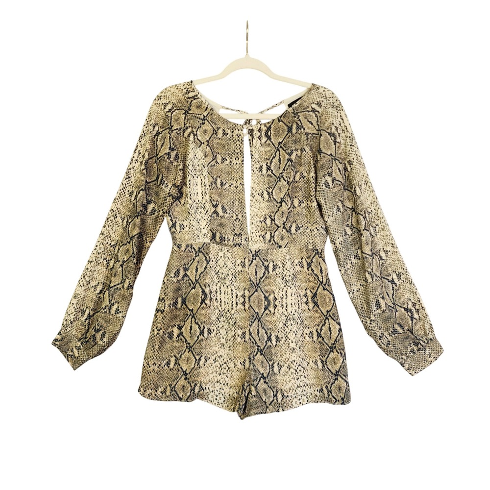 Olivaceous Womens Snake Print Long Sleeve Romper Medium Open Back Tan Black
